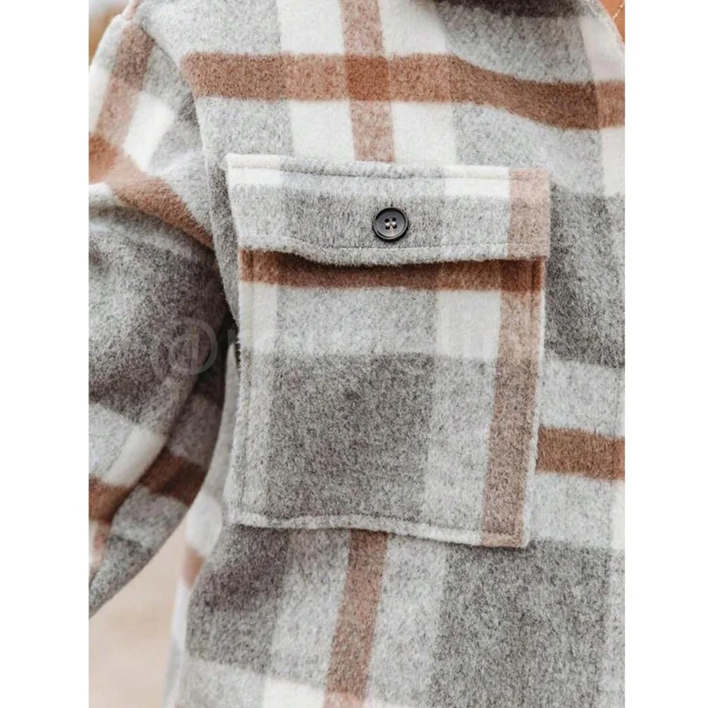 Plaid Oversized Shacket (Shirt / Jacket) White Grey Brown Long Sleeve & Pockets - Picture 3 of 6
